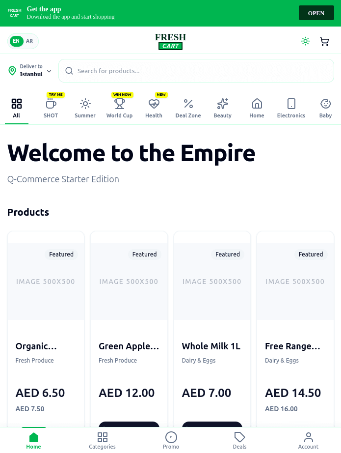 Q-Commerce storefront development preview.